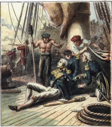 Napoleonskrigen: Slaget ved Trafalgar, den 21/10/1805 modsatte den den fransk-spanske flåde under admiral Villeneuve til den britiske flåde under kommando af viceadmiral Nelson. Han døde der. 