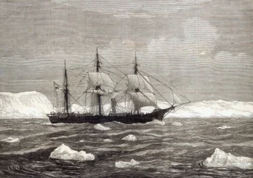 Ekspeditionen til Nordpolen: The Alert hejser flagene til ære for at have nået den højeste breddegrad af alle skibe nogensinde, fra "The Illustrated London News", 1876