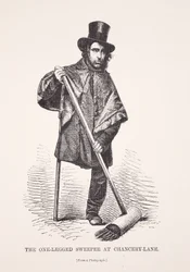 The One-Legged Sweeper at Chancery Lane, fra et fotografi, illustration fra London Labor og London Poor af Henry Mayhew, pub. 1862