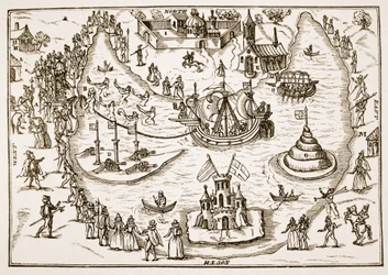 The Pond at Elvetham under Dronning Elizabeths besøg, fra The Honorable Entertainment givet til Queens Majesty i Prgresse ved Elvetham i Hampshire af the Right Honble the Earl of Hertford, 1591 (