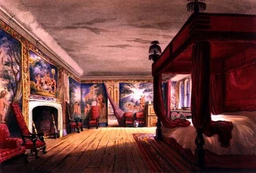 The Red Room, Cotehele House, ca. 1830-40 (farve litho)