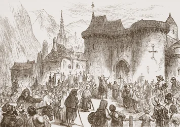 The Sham Pilgrims at the Gate of Geneva, illustration fra The History of Protestantism af James Aitken Wylie (1808-1890), pub. 1878