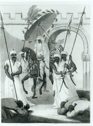 Sultanen af Marokko kommer ud for at give publikum, fra rejser gennem Frankrig og Spanien til Marokko af Maurice Keatinge, udgivet 1817
