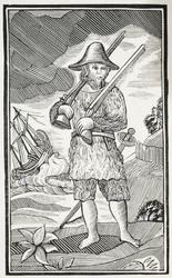 The Surprising Life and most Strange Adventures of Robinson Crusoe of the City of York, Mariner, illustration fra Chap-books of the Eighteenth Century af John Ashton, pub. 1882
