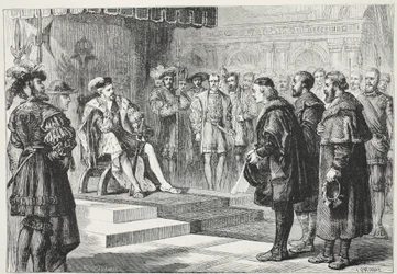 De tre protestantiske ambassadører før kejser Charles, illustration fra The History of Protestantism af James Aitken Wylie (1808-1890), pub. 1878
