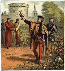 The War of the Two Roses (1455-1485): begyndelsen af konflikten. En Lord of the Royal House of York vælger en hvid rose, og en anden fra Royal House of Lancaster vælger en rød rose. Illustration af den engelske borgerkrig født af delingen af su