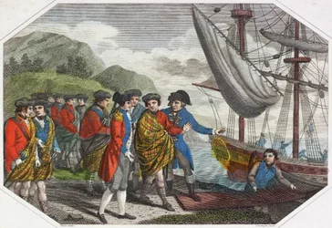 The Young Pretender efter sit nederlag ved Culloden på vej til Frankrig (farvet indgravering)