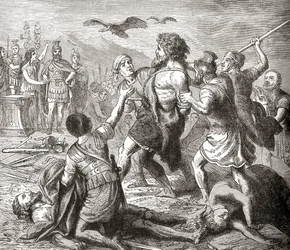 Tilfangetagelsen af Teutobochus, en legendarisk kæmpe og teutonernes konge, fra Ward and Locks Illustrerede verdenshistorie, udgivet ca. 1882