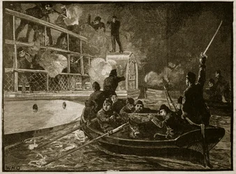 Capture of the Caroline, 1837, illustration fra Cassells Illustrated History of England (sepiafoto)