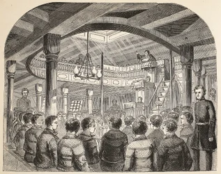 Fangekapellet om bord på Defense Hulk i Woolwich, illustration fra The Criminal Prisons of London og Scenes from Prison Life af Henry Mayhew og John Binny, pub. 1862