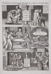 Beskrivelsen af forgiftningen af King John af en munk fra Swinstead Abbey i Lincolnshire, illustration fra Acts and Monuments af John Foxe, niende udgave, pub. 1684