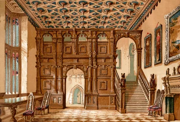 Interiøret af Methley Hall, Yorkshire, England før dets nedrivning i 1963, fra Old England: A Pictorial Museum, pub. 1847
