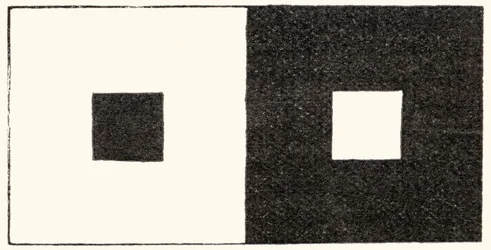 Bestrålings-illusionen om visuel perception, hvor et lyst område af synsfeltet ser større ud end et ellers identisk mørkt område. At stirre på dette billede forårsager en spredning af lys inde i øjet og har den effekt at forstørre billedet af et lys
