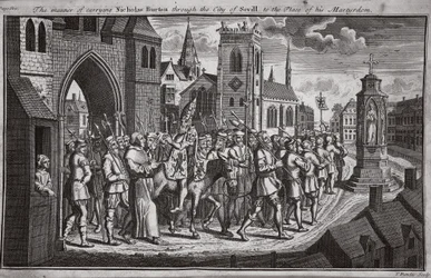 Måden at bære Nicholas Burton gennem byen Sevilla til stedet for hans martyrium, illustration fra Foxes Martyrs c.1703