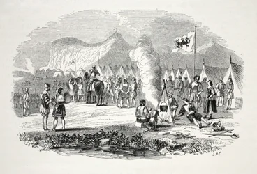 Mødet mellem Nord- og Sydwales Chieftains i Breidden Hills, på vej til Bosworth-field, pub. 1800-tallet (stålgravering)