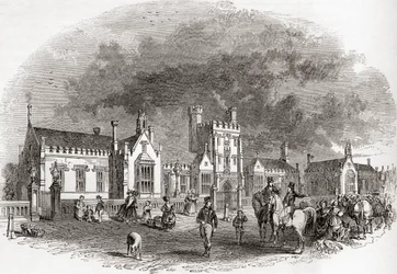 Den gamle Bedford School, som den blev genopbygget i slutningen af 1800-tallet, fra Old England: A Pictorial Museum, pub. 1847