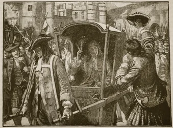 Befolkningen i Edinburgh eskorterer hertugen af Hamilton til Holyrood Palace, illustration fra Cassells Illustrated History of England (sepia foto)