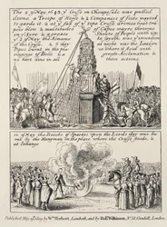 Nedtrækningen af Cheapside Cross af ikonoklaster og puritanere, og afbrændingen af Book of Sports ved samme sport den følgende søndag i maj 1643, 1809