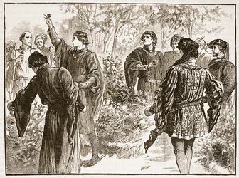 Skænderiet i Temple Gardens, illustration fra Cassells Illustrated History of England (sepia foto)