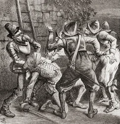 "The rest of the rascals jumped on him and Burked him", illustration efter J. Tenniel til digtet "The Tragedy", fra "The Ingoldsby Legends or Mirth and Marvels", af Thomas Ingoldsby, udgivet i 1865 (litografi).