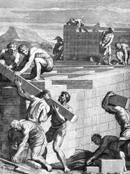 Murene i byer blandt gallerne er bygget af alternative forløb af sten og bjælker, indgraveret af Cornelis Huyberts, illustration til Caesars Commentaries oversat til engelsk af William Duncan,