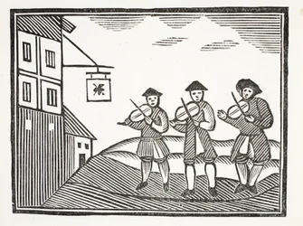 Three Fidlers in Thames Street, som spillede en brudgom om morgenen, som ikke gav dem noget at drikke, illustration fra Chap-books of the Eighteenth Century af John Ashton, pub. 1882