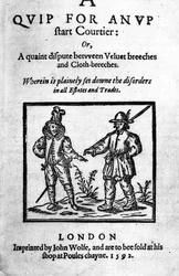 Titelside for A Quip for an Upstart Courtier: eller, en malerisk strid mellem fløjlsridebukser og Cloth-ridebukser af Robert Greene, udgivet 1592 (træsnit og bogtryk)