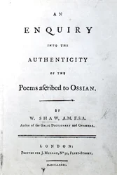 Titelside til en undersøgelse af ægtheden af digtene tilskrevet Ossian af William Shaw, udgivet 1781 (trykt papir)