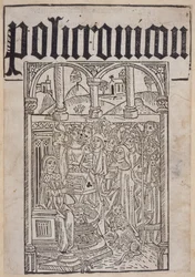 Titelblad fra Polychronicon af Ranulf Higden (d.1364) trykt af Wynkyn de Worde, 1495