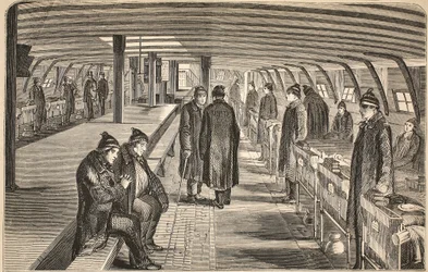 Øverste dæk på Unite-hospitalskibet, fastgjort til hulkene ved Woolwich, illustration fra The Criminal Prisons of London og Scenes from Prison Life af Henry Mayhew og John Binny, pub. 1862 (gravin