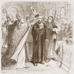 Trial of Huss: Degrading the Martyr, illustration fra The History of Protestantism af James Aitken Wylie (1808-1890), pub. 1878
