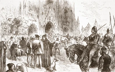 Retssag mod Jerome: venter på dommen, illustration fra The History of Protestantism af James Aitken Wylie (1808-1890), pub. 1878