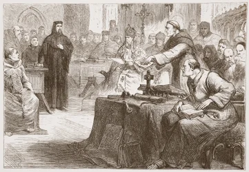 Trial of Wicliffe, illustration fra The History of Protestantism af James Aitken Wylie (1808-1890), pub. 1878