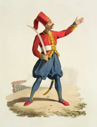 Tyrkisk soldat, fra Costumes of the Various Nations, bind VII, The Military Costume of Turkey, af Thomas MacLean, udgivet ca. 1800-18
