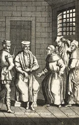 To spanske munke taler med hr. Bradford, illustration fra Foxes Martyrs c.1703 99:Foxes Book of martyrs; John Fox; c17th; Ræve;