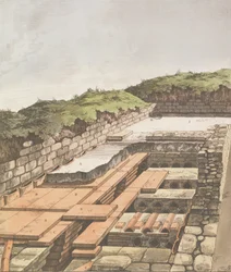 Underjordisk varmesystem til en romersk villa i England, udgivet 1797 (håndfarvet litho)