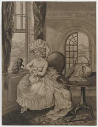 Uden titel (kvinde sidder ved et vindue angående en lille hund), ca. 1780 (mezzotint)