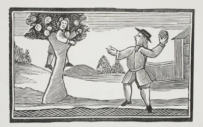 Up into the tree hur gets, illustration fra Chap-books of the Eighteenth Century af John Ashton, pub. 1882
