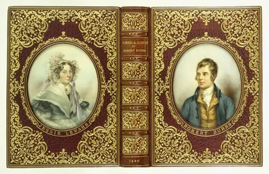 Øvre og nederste omslag og ryg med ovale portrætter af Robert Burns og Jessie Lewars