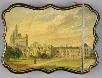 Victoriansk kortetui med en scene af Trinity College Gardens, Oxford (papier mache)