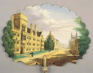 Victoriansk skærm, med en scene fra Wadham College, Oxford med Bodleian Library og Hertford College i baggrunden (papier mache)
