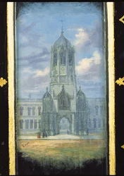 Victoriansk syskabspanel dekoreret med en scene af Christ Church, Oxford (papier mache)