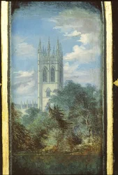 Victoriansk syskabspanel dekoreret med en scene fra Magdalen College, Oxford (papier mache)