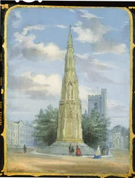 Victoriansk syskabspanel dekoreret med en scene af Martyrs Memorial, Oxford (papier mache)