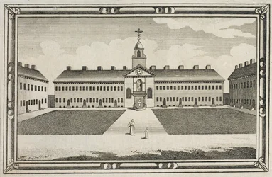Udsigt over Ironmongers Company Almshouses, Kingsland Road, Hackney, ca. 1820