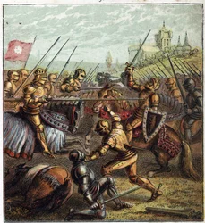 De to rosers krig (1455-1485); Slaget ved Tewkesbury (4. maj 1471). Illustration af den engelske borgerkrig født ved opdelingen af kong Edward IIIs (1327-1377) efterfølgere i to grene. Slaget ved Tewkesbury: det sidste slag i Rosens krig