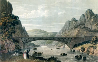 Waterloo Bridge over floden Conwy, Wales (farvegravering)