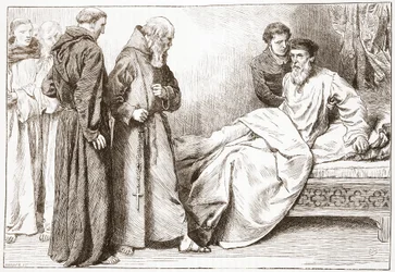 Wycliffe og munkene: scene i sengekammeret, illustration fra The History of Protestantism af James Aitken Wylie (1808-1890), pub. 1878
