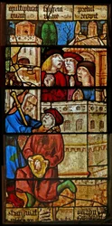 Window SaEw skildrer en scene fra en legende om St. Nicholas: Djævelen kvæler en dreng, der tilbød ham mad på St. Nicholas dag
