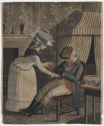 Kvinde stjæler en strømpepung og lommeur fra en sovende mand, ca. 1790 (håndfarvet mezzotint)